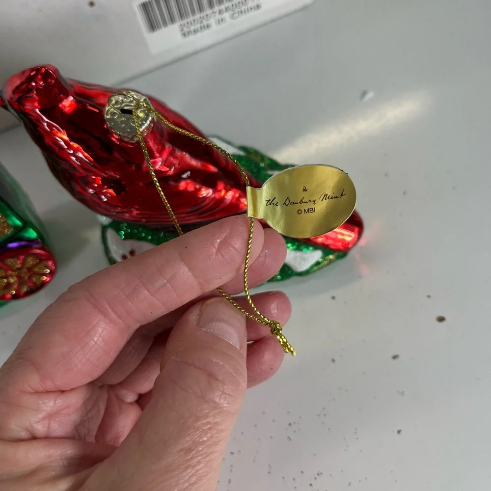 2 Danbury Mint Blown Glass Christmas Ornaments Train‎ And Cardinal